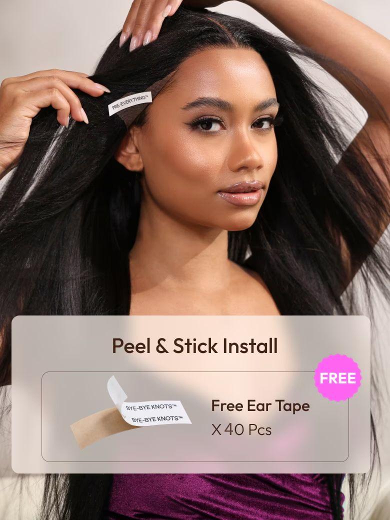A model displays the UNice HD Real Scalp Wig 13x4 Invisible Lace Frontal Loose Wave with Face Framing, showing a model with long black hair and a purple dress and loose.