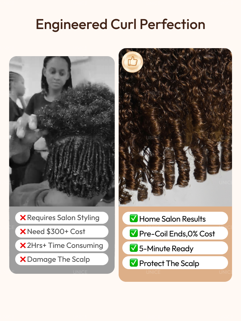The UNice 7x5 Bye Bye Slip Glueless Lace Black to Chestnut Brown Ombre Burmese Curly wig image highlights Engineered Curl Perfection, XRequiresSalonStyling.