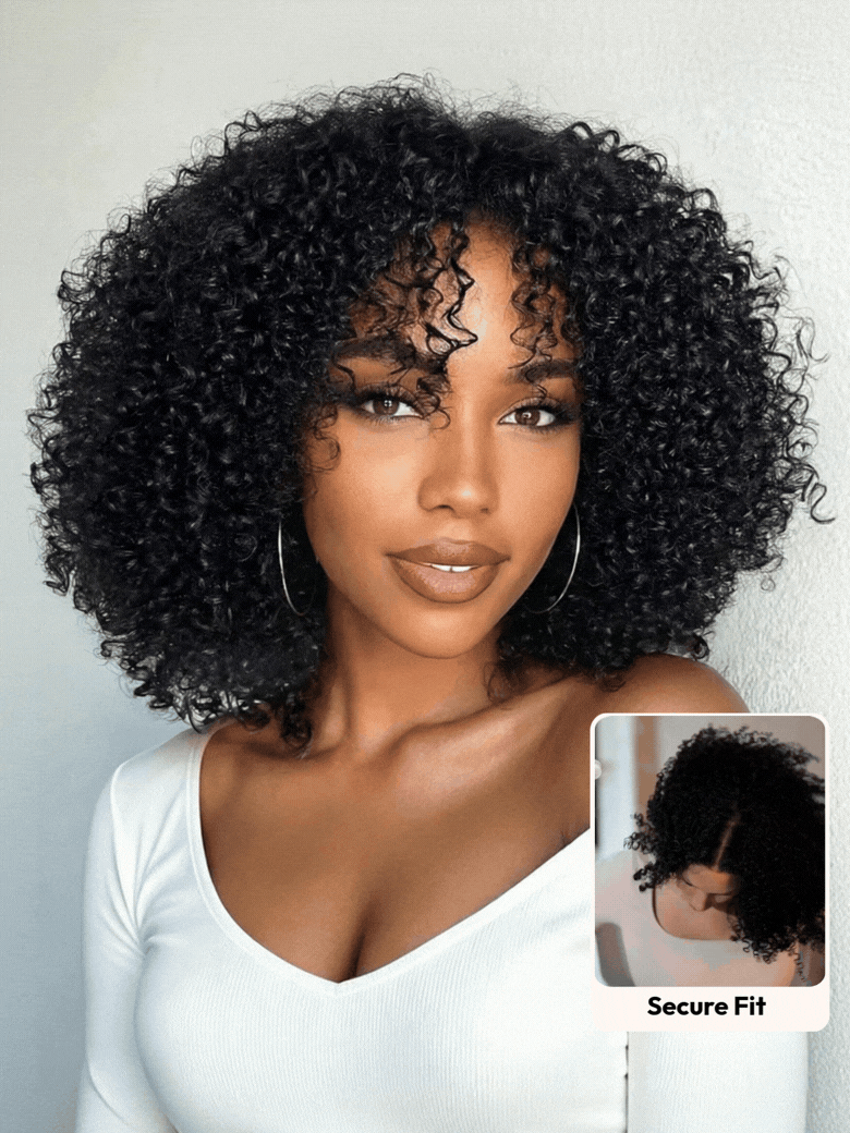 A model displays the UNice 7x5 Lace Bye Bye Slip Natural Black Afro Kinky Curly with Finger Coil Ends wig, showing a model with curly hair and a white shirt and kinky.