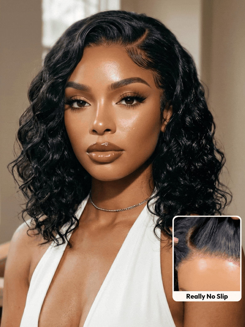 A model displays the UNice Allofdestiny Same UNice Bye Bye Slip 6x4 Glueless Lace "C" Side Part Loose wig, showing a model with long black hair and a white dress.