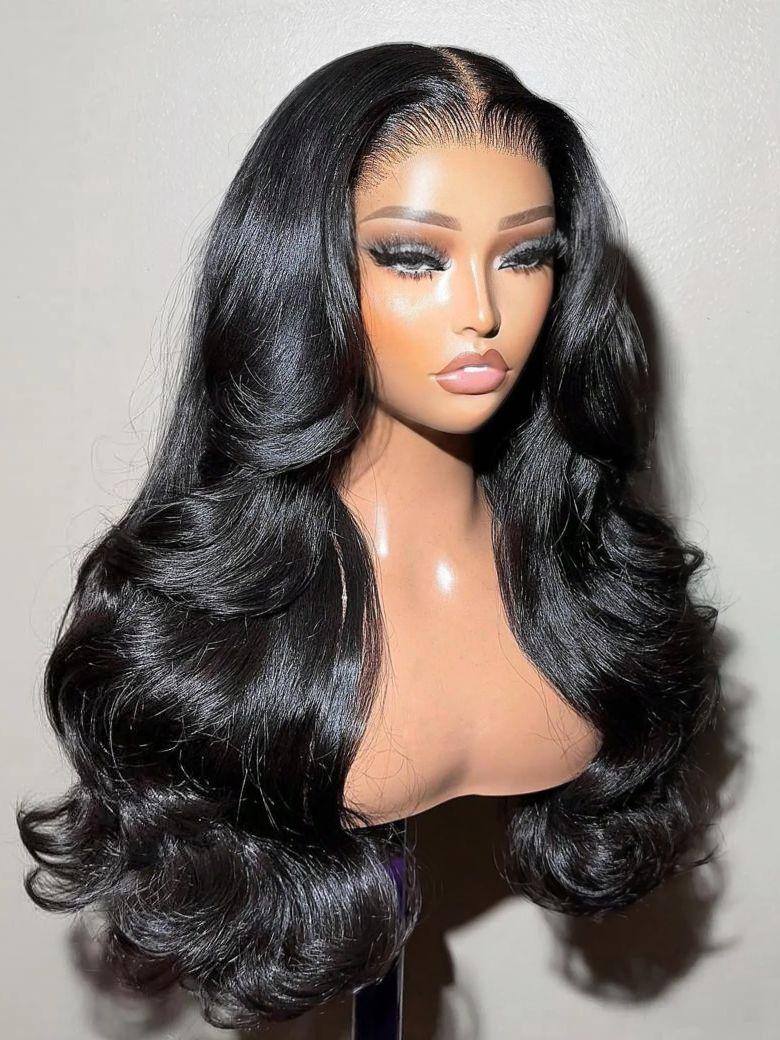 Body wave lace human hair wig featuring a middle part and long, layered black curls on a mannequin bust.