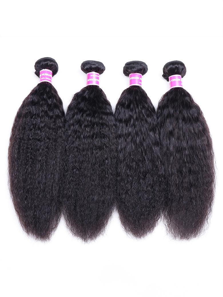 The UNice 4Pcs Kinky Straight Remy Human Hair Bundles product image shows three bundles of curly hair and kinky straight texture, straight texture, bundle fullness.