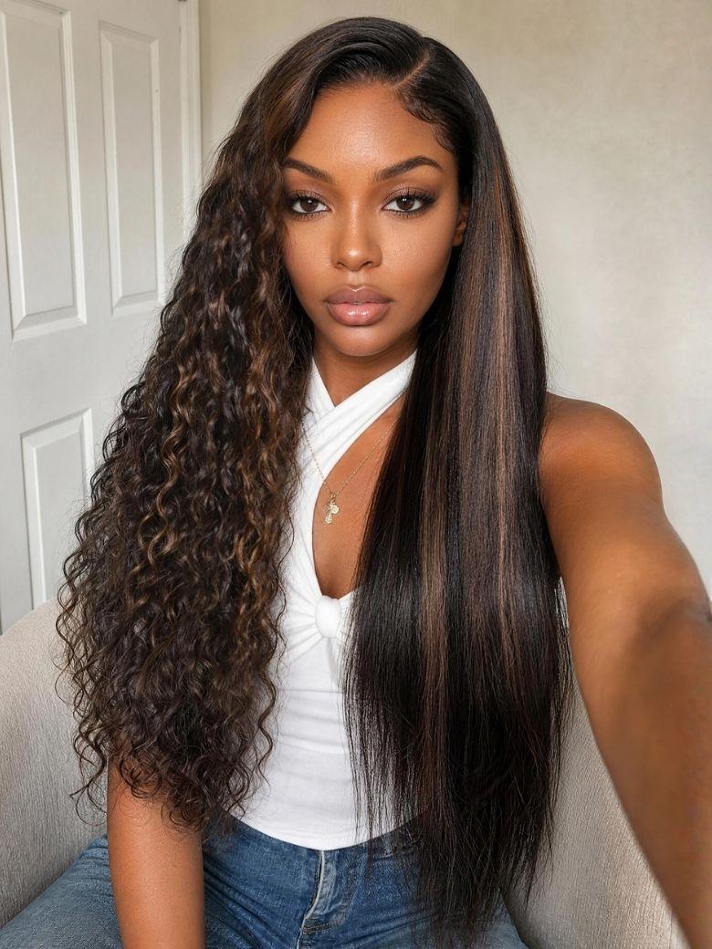 UNice Golden Brown Highlights Straight to Water Wave Wig Bye-Bye Slip™ 7×5 Lace Closure Glueless Glam-Ready 2-in-1 Styling Versatile Look