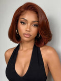 A model displays the UNice 7x5 Bye Bye Slip Lace Copper Auburn Side Part Blowout Bob Glueless Wig with, showing a model with red hair wearing a black halt top and 7x5.