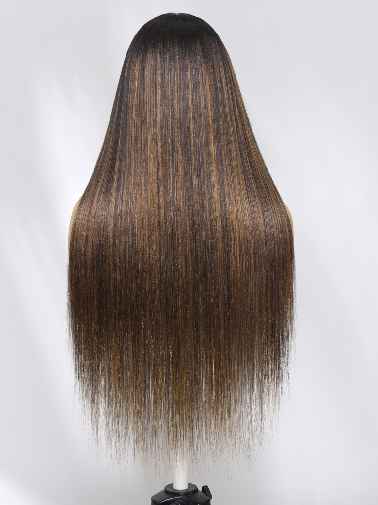 The UNice Everyday Elegance Meets Comfort Brown Ombre Straight Yaki Beginner Friendly V wig product image shows a wig with long hair on a mann and straight texture, yaki.