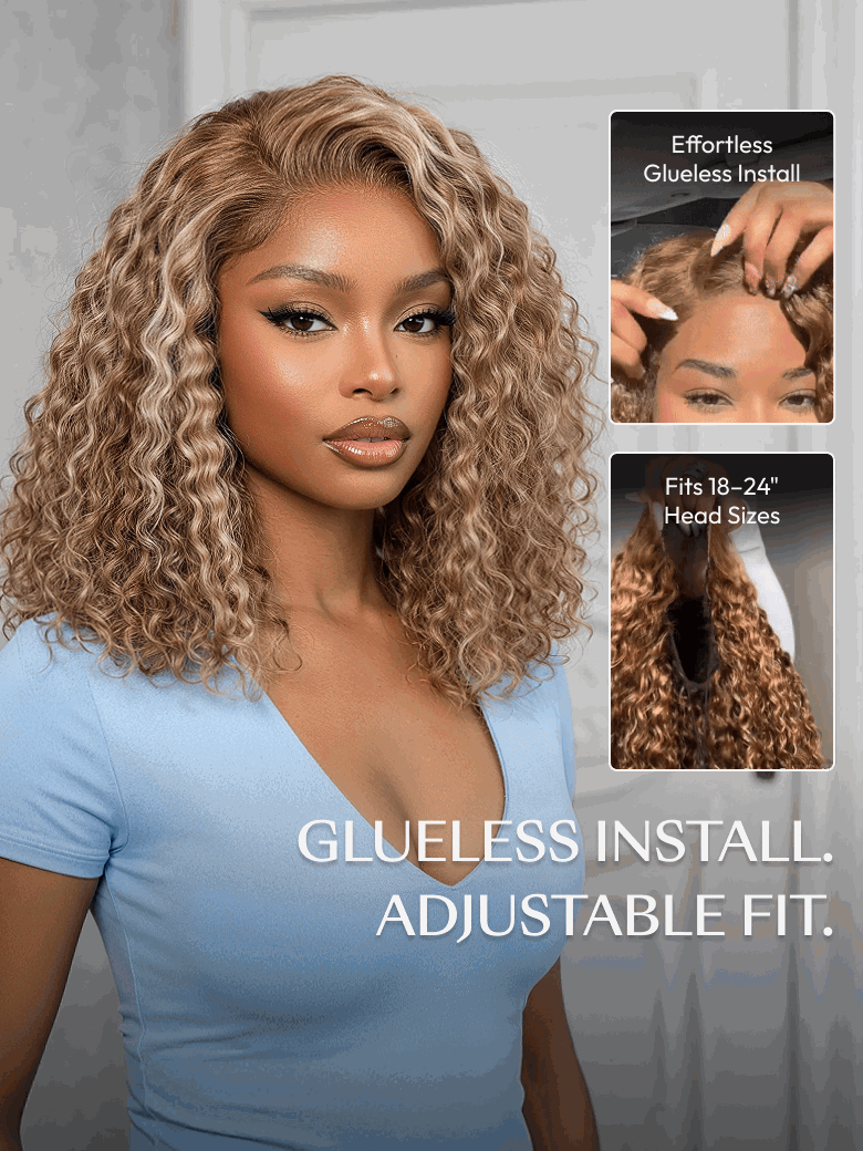 A model displays the UNice 7x5 Bye Bye Slip Glueless Invisible Drawstring Honey Blonde Highlights wig, showing a model with curly hair and a blue shirt and curly.