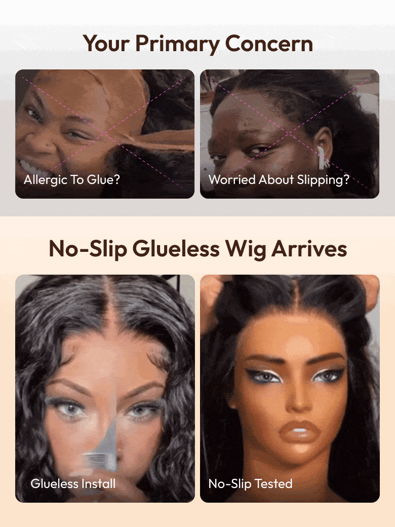 A model displays the UNice 7x5 Bye Bye Knots Lace Glueless Water Wave Grip Wig With Secure Silicone, showing a model with no makeup is shown in this image and water wave.