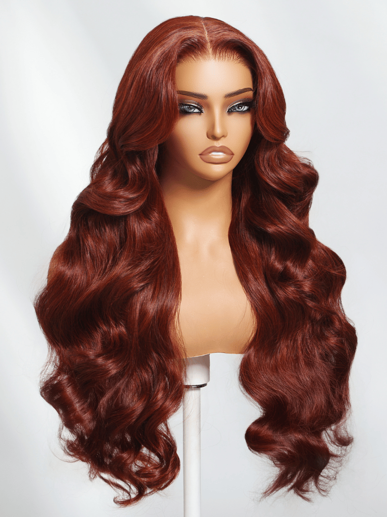 The UNice 7x5 Bye Bye Knots Wig Glueless Lace Reddish Brown Body Wave Bleached Knots Wig product image shows a wig with long red hair and body wave texture, reddish.