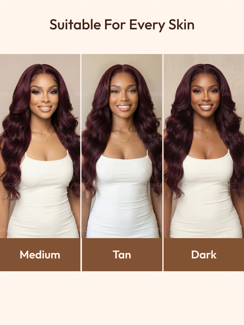 A model displays the UNice 7x5 & 13x4 Bye Bye Slip Glueless Lace Purple Black Cherry Loose Wave & Layered, showing a model with long dark hair and a white tank top.