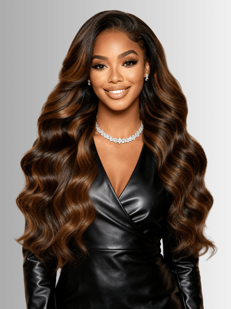 A model displays the UNice Brown Balayage 4x4 Lace Closure With 3Pcs Body Wave Bundles, showing a woman wearing a black leather jacket and a long wavy hair and body wave.