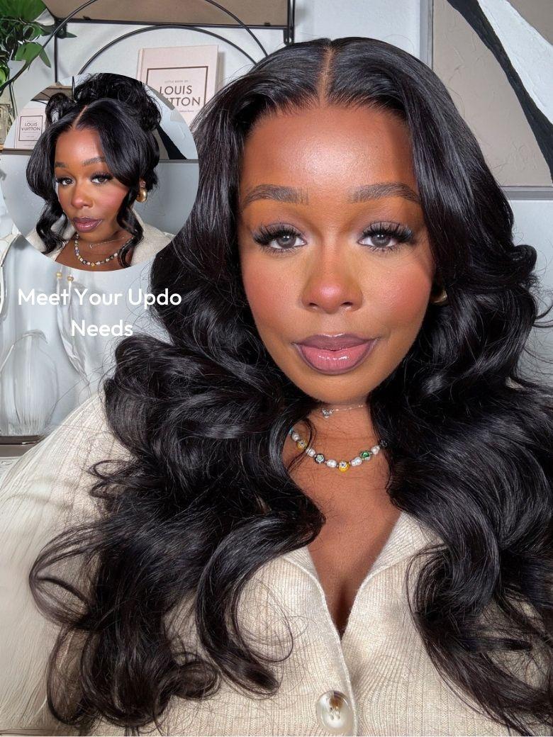A model displays the UNice 13x4 HD Lace ByeBye Cap Real Scalp Invisible Lace Wig Frontal Body Wave Black, showing a model with long black hair and a white shirt and body.