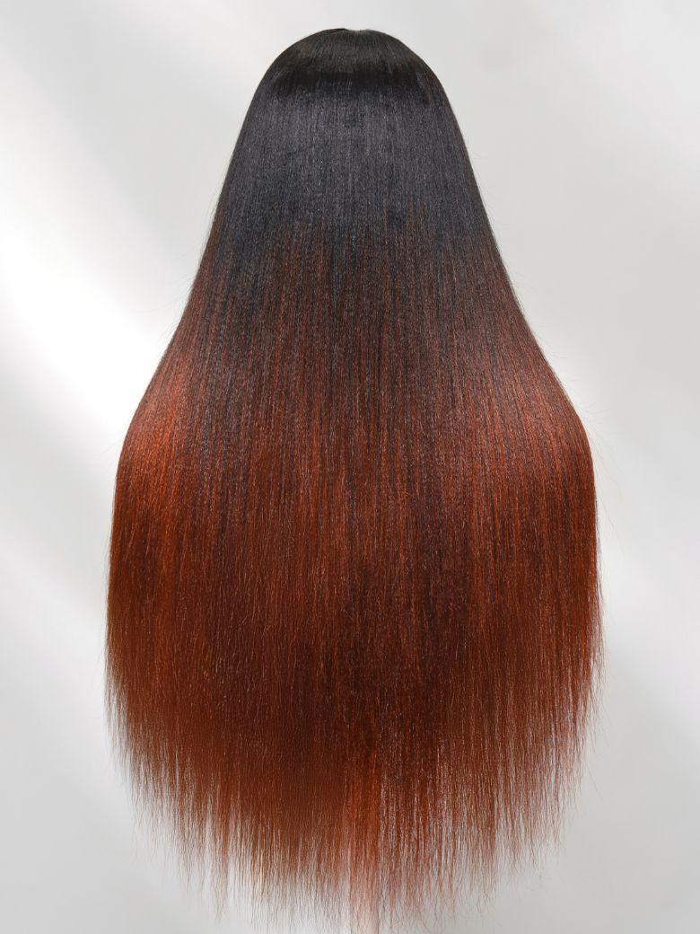 The UNice EasiContour V Part Black to Reddish Brown Ombre Yaki Straight Wig product image shows a long straight hair with red highlights and straight texture, yaki.
