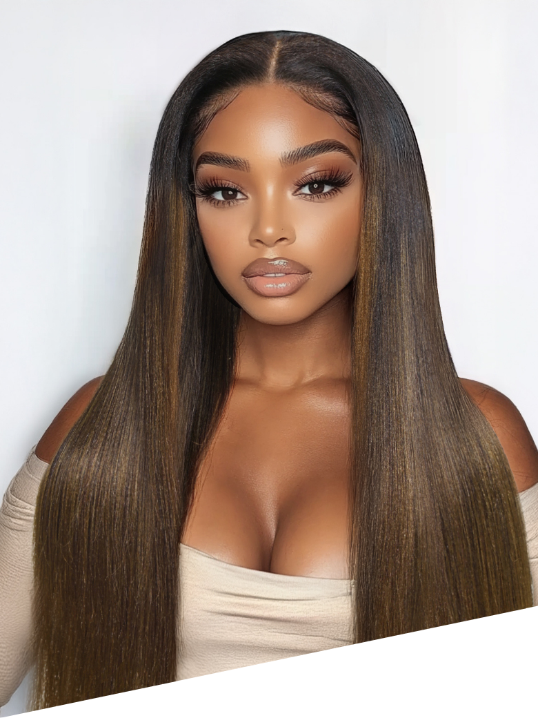A model displays the UNice 7x5 Bye Bye Knots Lace Black to Chestnut Brown Ombre Yaki Straight Wig Invisi, showing a model with long brown hair and a white background.