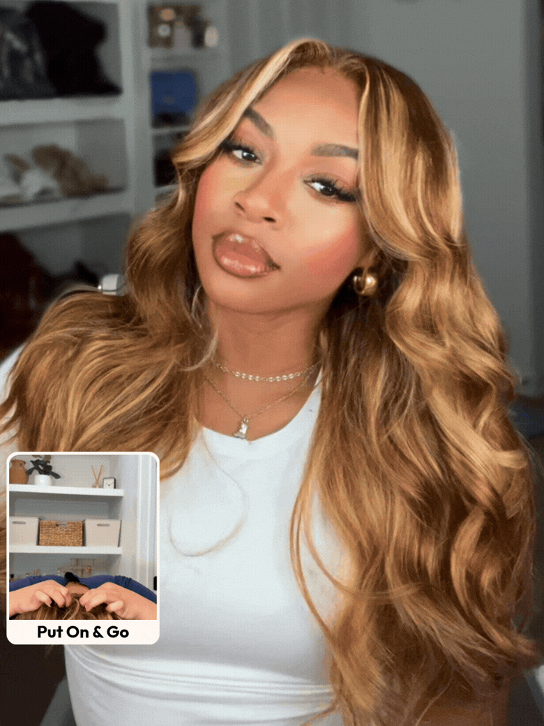 A model displays the UNice 7x5 Bye Bye Knots Wig With Drawstring Pre-Cut Glueless Lace Honey Blonde Body, showing a woman holding a box with a picture of a woman.