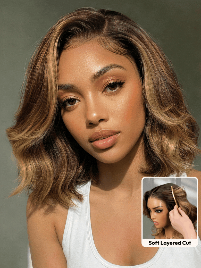 A model displays the UNice 13x4 Pre-Everything Brown With Honey Blonde Face-Framing Highlights Wavy Lace wig, showing a model with a white tank top and brown hair.