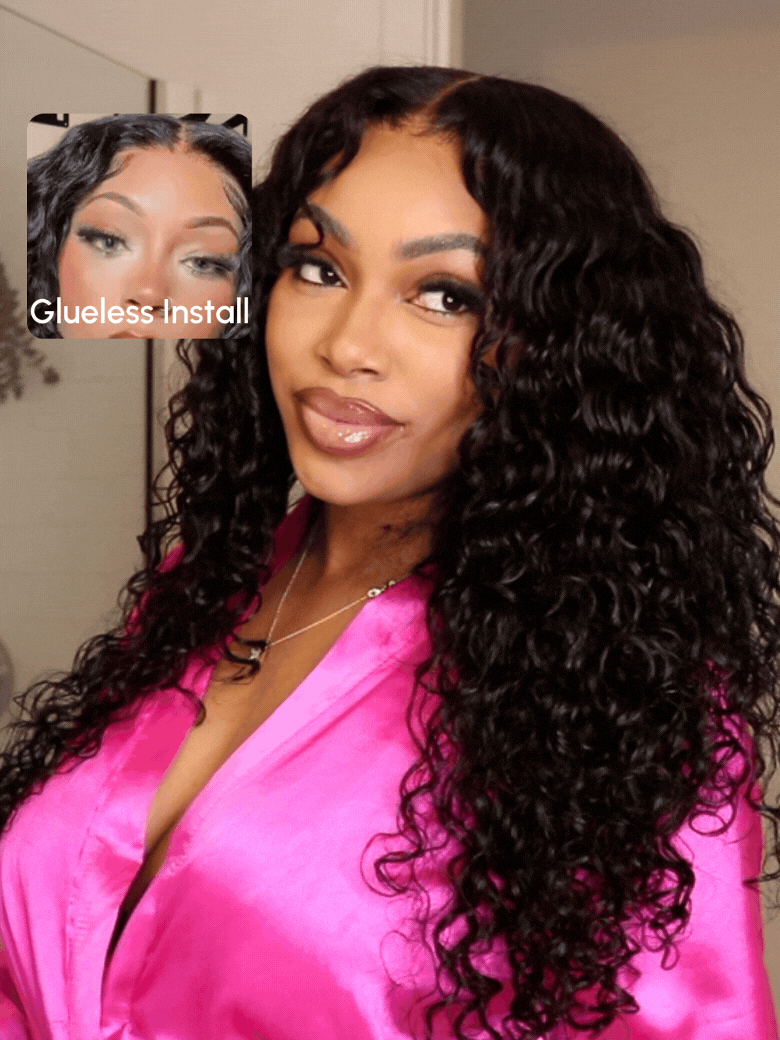 A model displays the UNice 7x5 Bye Bye Knots Wig Quick Glueless & HD Lace Wet & Wavy Water Wave Invisible, showing a model with long curly hair in a pink shirt and water.