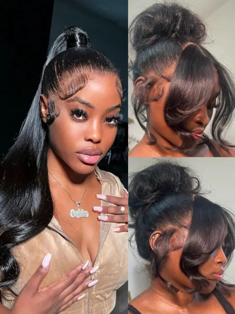A model displays the UNice 360 Lace Frontal 180% Density Body Wave Human Hair Wig, showing a model with long hair and a ponytail and body wave texture, lace finish.