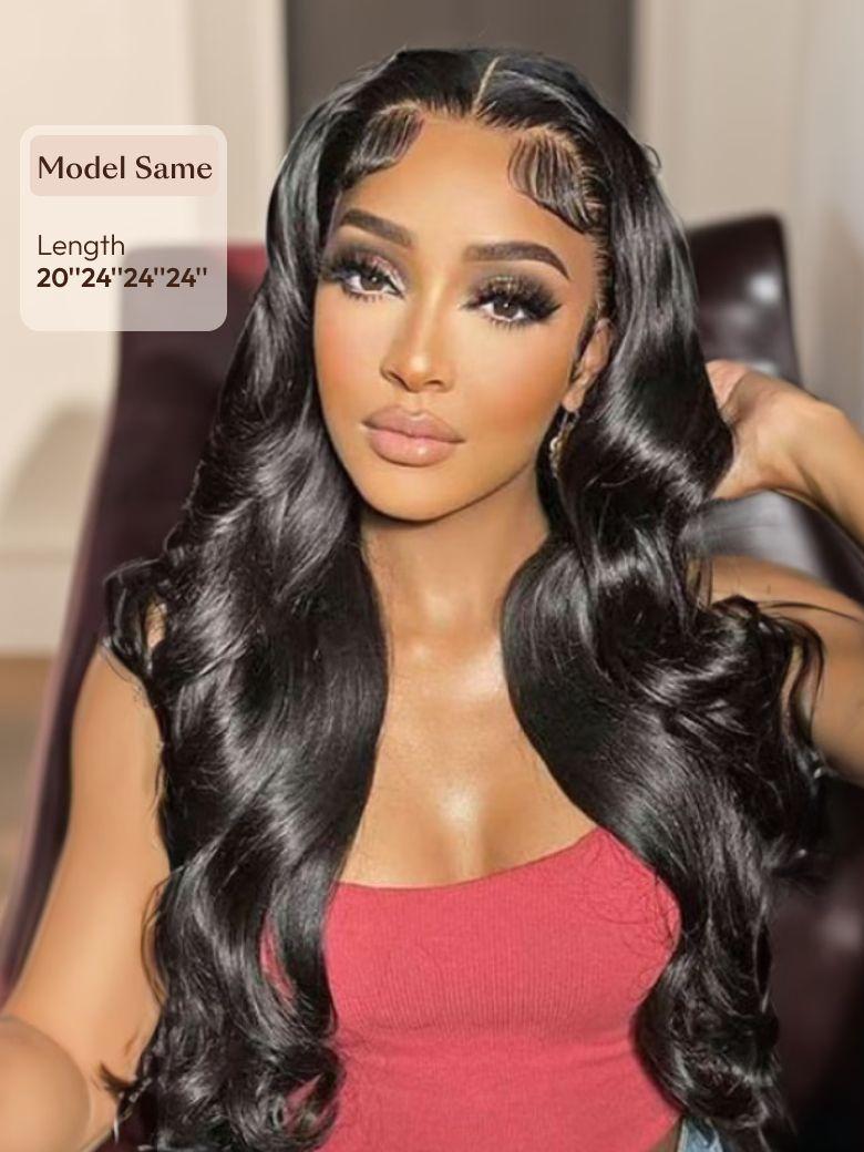 A model displays the UNice 3Pcs Remy Hair Body Wave Bundles with Lace Closure VIP Exclusive, showing modelne wigs for black women and body wave texture, lace finish.