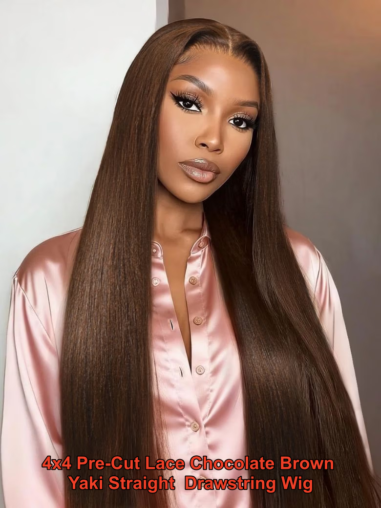 A model displays the UNice 5x5 HD Reddish Brown body wave & 4x4 Pre-Cut Lace Chocolate Brown Yaki wig, showing a model with long brown hair wearing a pink satin robe.