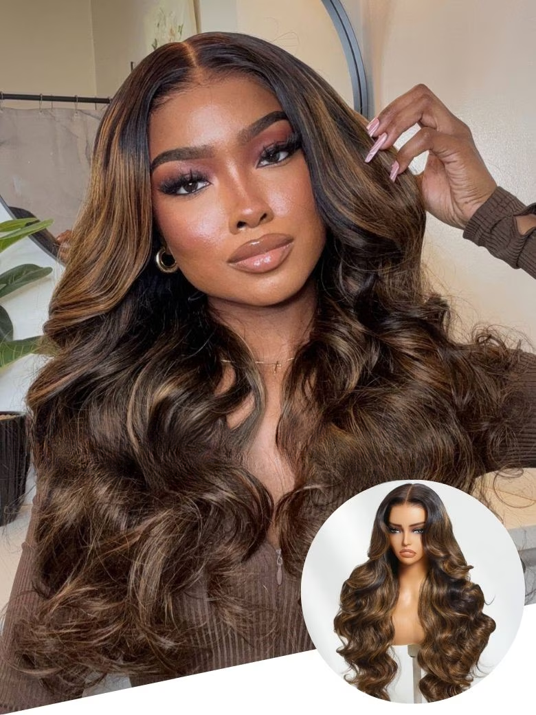 The UNice 7x5 Bye Bye Knots Glueless Lace Balayage Highlight Very Bouncy Body Wave Wig visual image position 3 shows a model with long brown hair and a brown sweater |.