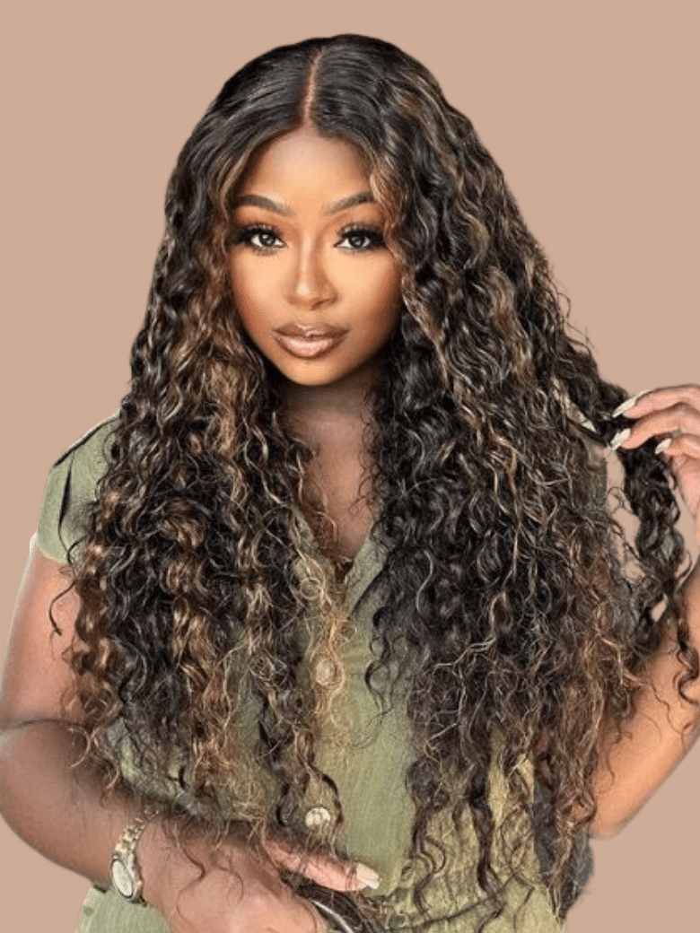 A model displays the UNice Pre-Cut 6x4.5 Lace Black With Blonde Highlights Water Wave Wig 180% Density, showing a woman wearing a long curly wig and water wave texture.