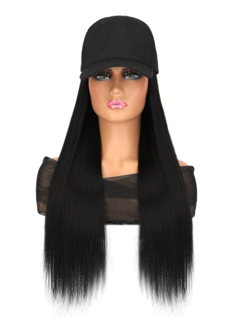 The UNice Black Straight Baseball Hat Glueless Wig product image shows a wig with long black hair and straight texture, glueless wear.