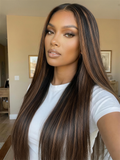 A model displays the UNice 7x5 Bye Bye Slip Lace Black with Golden Brown Highlights Yaki Straight Wig, showing a model with long brown hair and a white shirt.