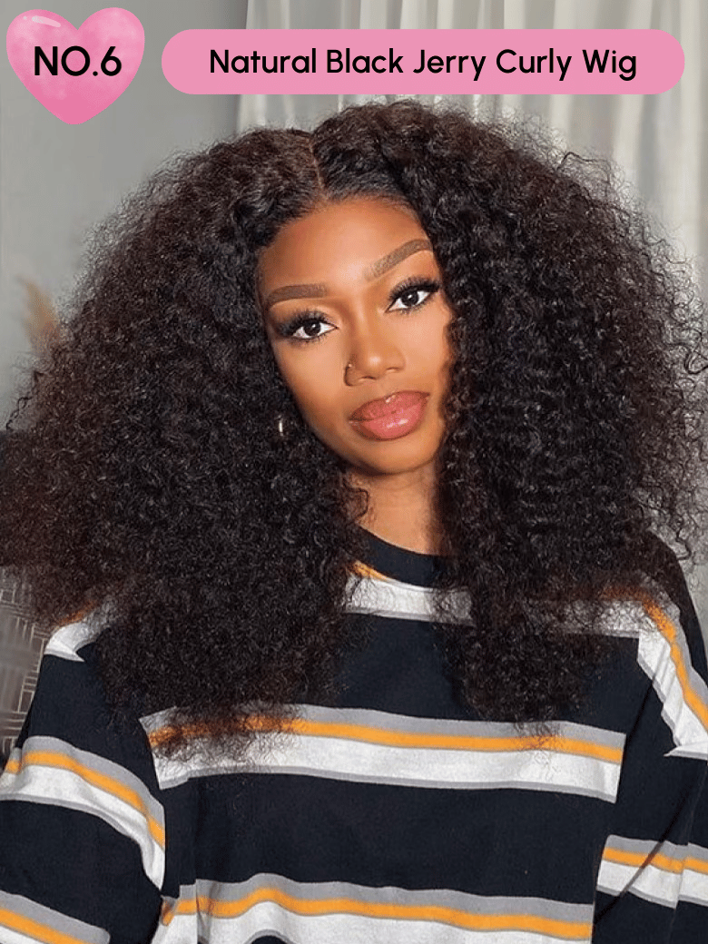 A model displays the UNice 24 Inch 180% Density 13x4 Lace Frontal Wig Last Chance Sale wig, showing a model with long curly hair wearing a striped sweater and 13x4, lace.