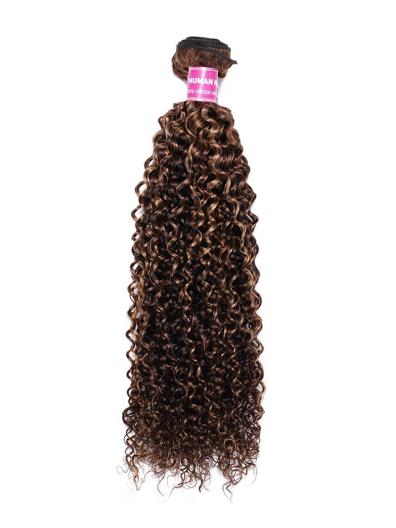 The UNice Curly Hair With Blonde Highlight Human Hair Weft One Bundle image highlights HUMANK, brazilian curly hair extensions and curly texture, highlight.