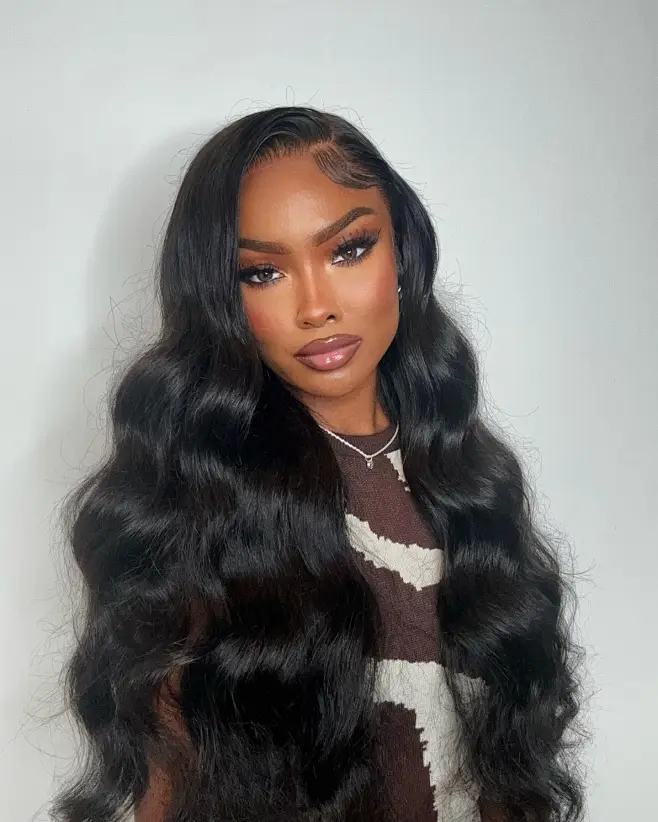 A model displays the UNice 7x5 Glueless Bye Bye Knots Body Wave Wig Pre Cut Lace Pre Plucked Hairline Put, showing a woman wearing a long black wig and body wave.