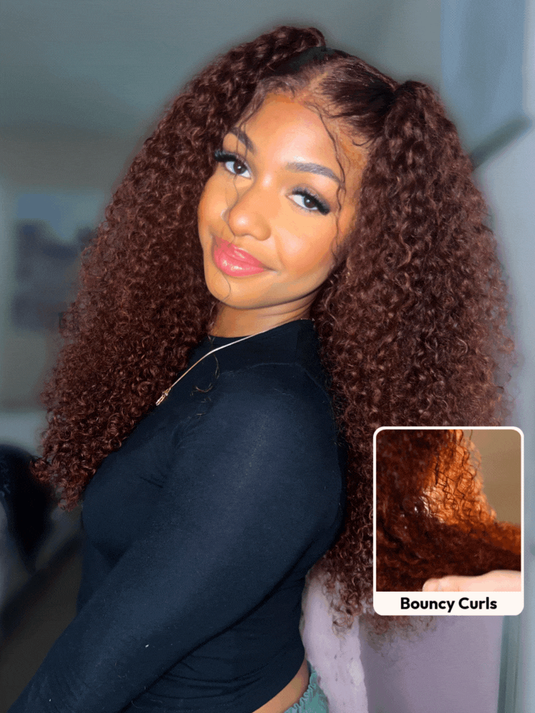 A model displays the UNice 7x5 Glueless Lace Bye Bye Knots Wig Sunset Jerry Curly for Reddish Brown, showing a model with long curly hair standing in a room and jerry.