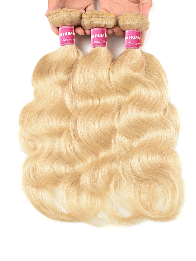 The UNice 3Pcs 613 Blonde Human Hair Weft Body Wave Bundles image highlights HUMA, NHUMA, 100%VIRG, 100%VR, blonde blonde blonde body wave hair extensions and body wave.
