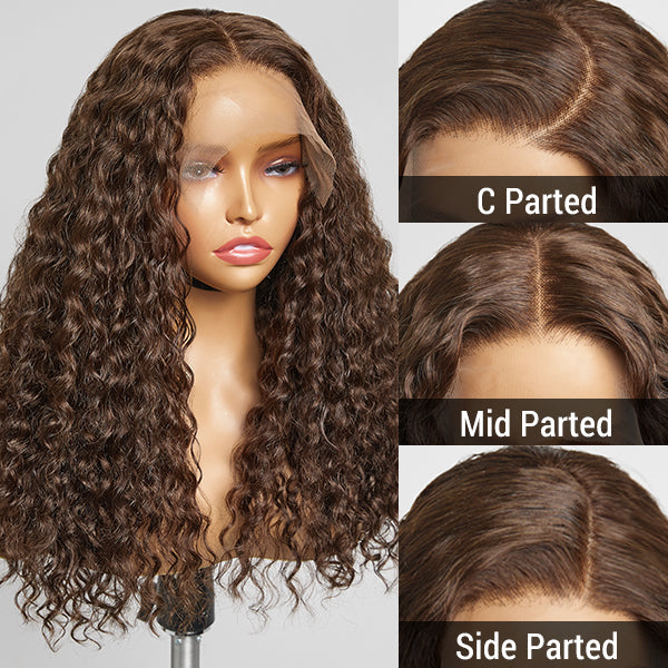 outlet | Brown Water Wave 5x5 Closure Lace Glueless Mid Part Long Wig 100% Human Hair