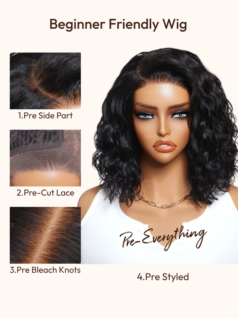 A model displays the UNice Allofdestiny Same UNice Bye Bye Slip 6x4 Glueless Lace "C" Side Part Loose wig, showing a photo of a wig with the text, ' begin to begin '.