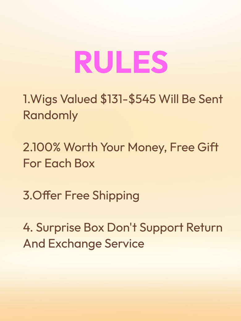 The UNICE $127 Lucky Black Box - Value $253.4 image highlights RULES, 1.Wigs Valued $131-$545 Will Be Sent, Randomly, 2.10o%WorthYour Money and a pink background.