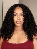 A model displays the UNice InvisiBlend V part Jerry Curly& Kinky Curly Wig Invisi Drawstring Human Hair, showing a model with long curly hair and a red top and kinky.