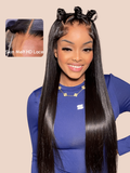 The UNice 26"-40" 180% Density HD Lace 5x5 Closure Skin Melt Perfect Hairline Glueless visual image position 2 shows a model with long black hair wearing a blue top |.
