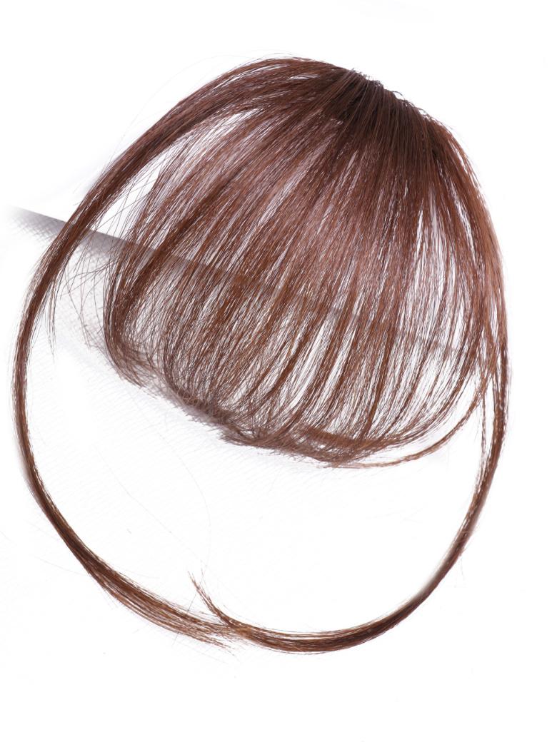 The UNice Hand-Made Dark Brown Straight Clip In Air Bangs With Temples product image shows a hair piece with a piece of hair on it and straight texture.