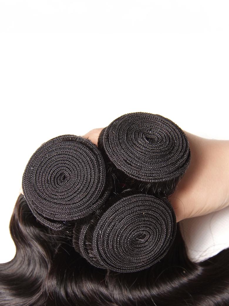 A model displays the UNice 5x5 Clear HD Lace Closure With Body Wave 3Pcs Bundles, showing a woman ' s hand holding three bundles of hair and body wave texture, 5x5, lace.