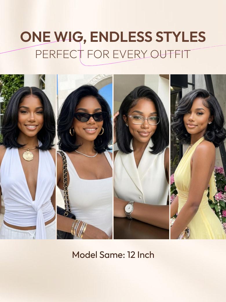 Model is wearing yaki bob for restyled side part look in different suits