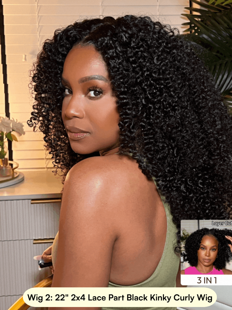 A model displays the UNice Black Yaki Kinky Curly 4x4 2 Styles In 1 Put On And Go Wig, showing a model with long curly hair in a salon and yaki texture, kinky curly.