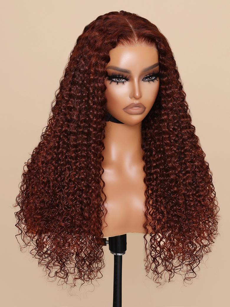 The UNice 13x4/7x5 Glueless Lace Bye Bye Knots Wig Reddish Brown Curly Wig With Bleached product image shows a wig with curly hair on a mann and curly texture, reddish.