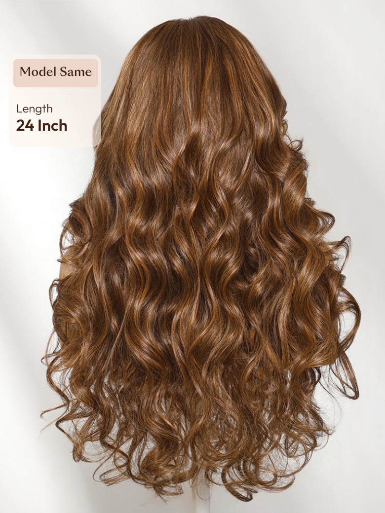A model displays the UNice 13x4 Bye Bye Slip Lace Frontal Soft Ombre Caramel Brown Balayage Body Wave Wig, showing a wig with long wavy hair and body wave texture.