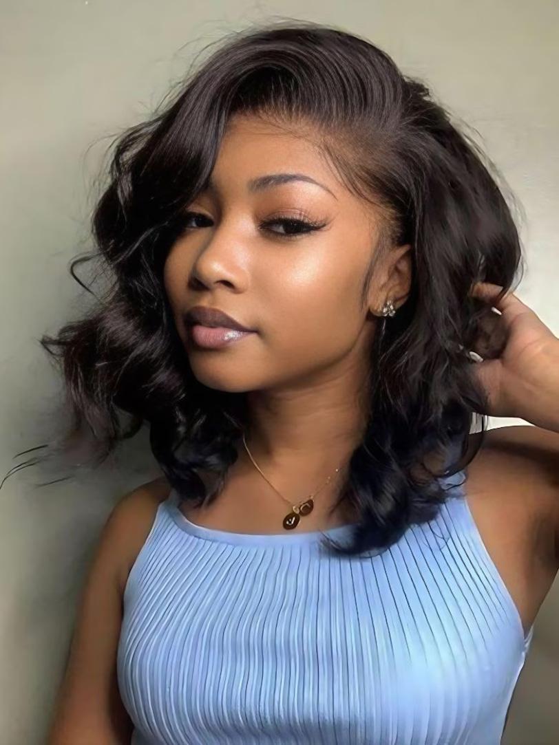 The UNice 7x5 Bye Bye Knots & 4x4 Lace Closure Black Bob Wig With Side Swept Bangs visual image position 2 shows a model with long hair wearing a blue dress | 7x5, 4x4.