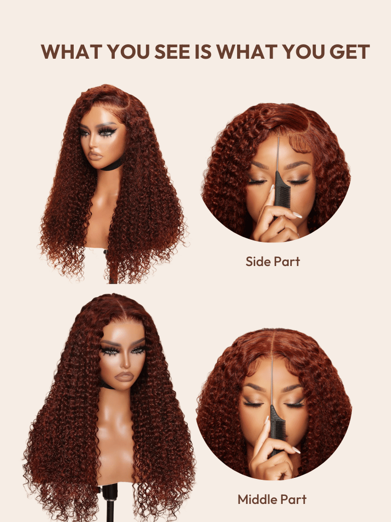 A model displays the UNice 7x5 Glueless Lace Bye Bye Knots Wig Sunset Jerry Curly for Reddish Brown, showing a model with long curly hair and a black eye and jerry curl.
