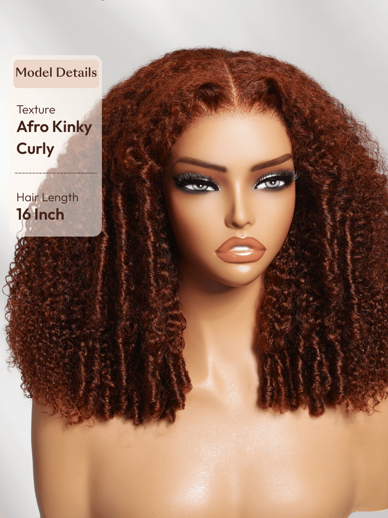 A model displays the UNice 7x5 Bye Bye Knots Wig Glueless Lace Sunset Reddish Brown Jerry Curly/ Afro, showing a model with curly hair and a white background.