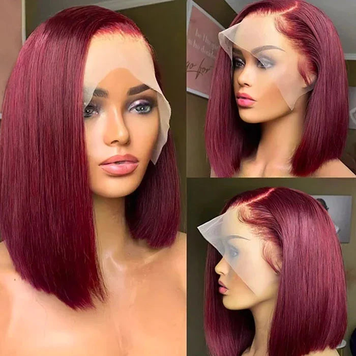 SDD 99J Burgundy Color Short Bob Wigs Straight Human Hair Wig 13X4 Lace Front Wigs