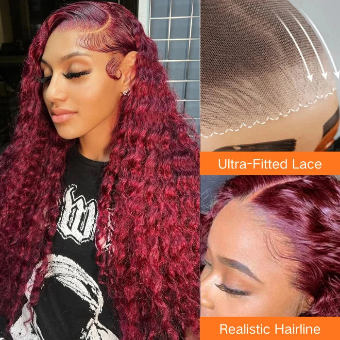 99J Burgundy Water Wave 13x4 Lace Front Wigs Human Hair Wigs For Women 180% Density