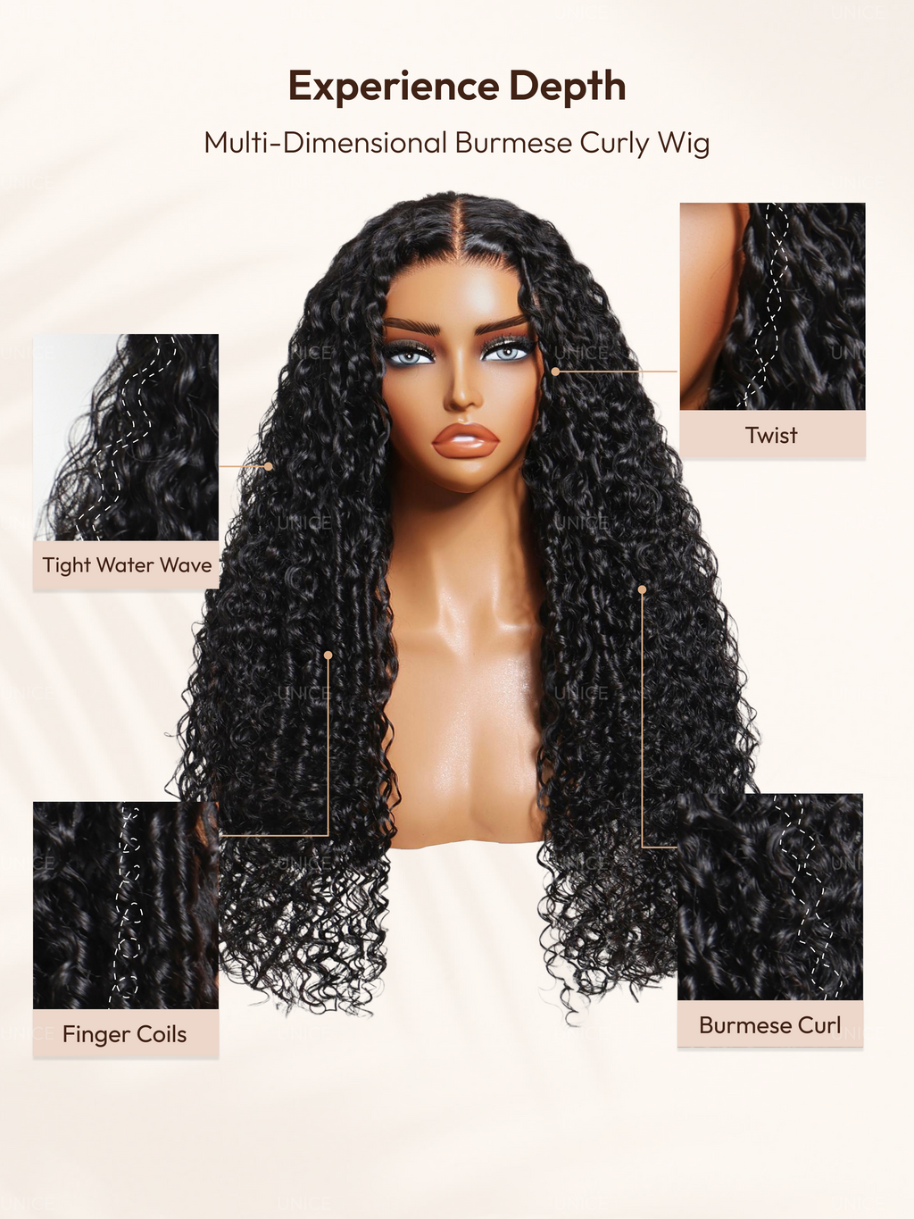 A model displays the UNice 18''-24'' UNice Bye Bye Slip 7x5 Lace Natural Black 4D Mixed Texture Burmese wig, showing the full lace wig with curly hair and Burmese curly.
