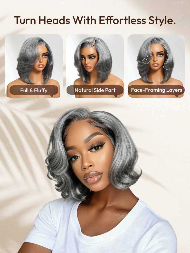 A model displays the UNice Boss-Vibe Salt and Pepper Blowout Layered Bob Glueless Wig 6.5x1.5 Side Part, showing a model with grey hair and grey hair and 5x1, glueless.